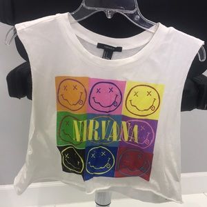 White nirvana cropped graphic tank